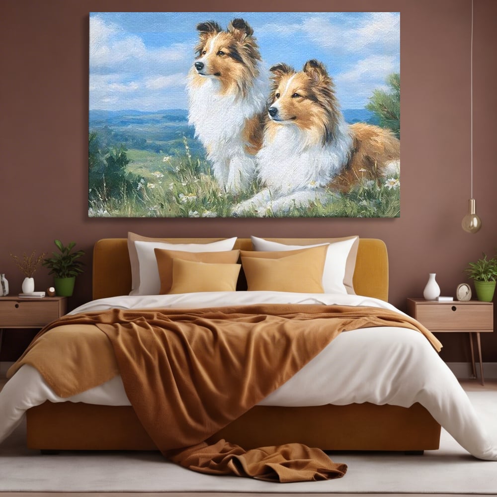 Tablou canvas cu tablou canvas cu doi caini ciobanesti pe un deal, fara rama, pe sasiu de lemn, pe perete intr-un dormitor